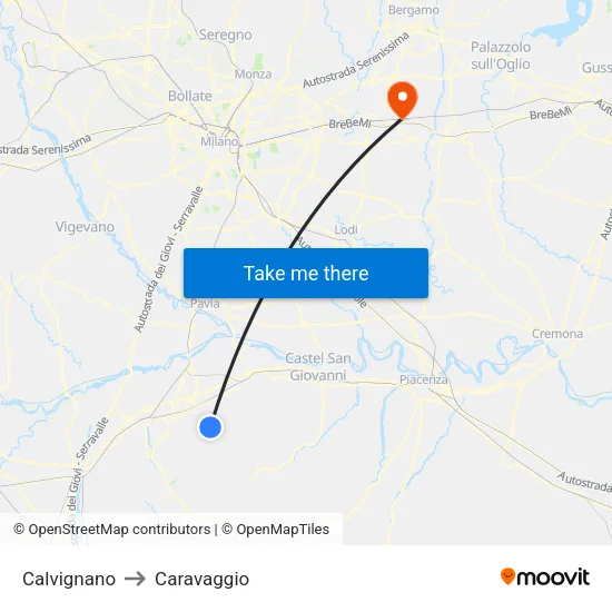 Calvignano to Caravaggio map