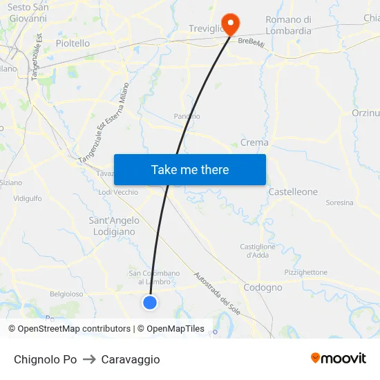 Chignolo Po to Caravaggio map