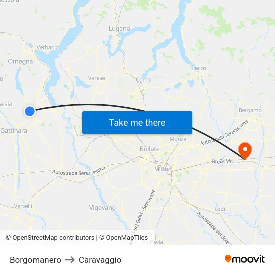 Borgomanero to Caravaggio map