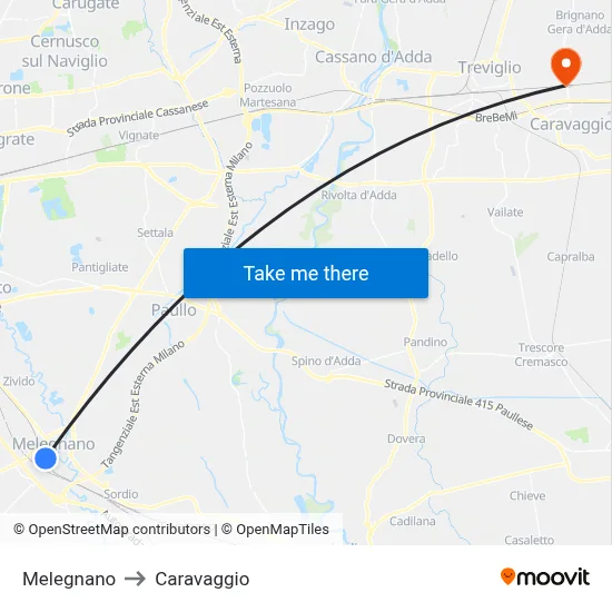 Melegnano to Caravaggio map