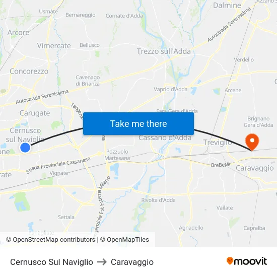 Cernusco Sul Naviglio to Caravaggio map