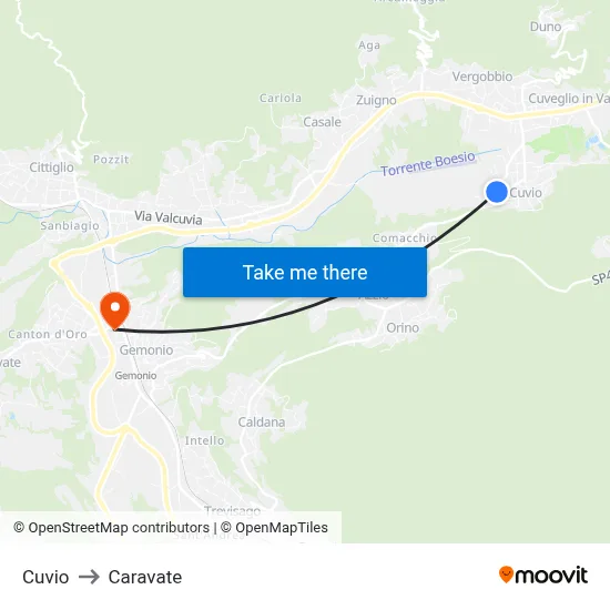 Cuvio to Caravate map