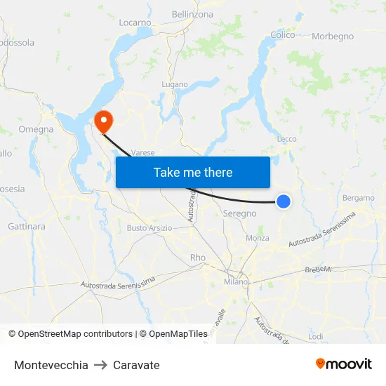 Montevecchia to Caravate map