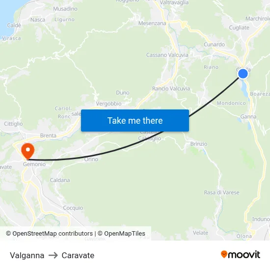Valganna to Caravate map