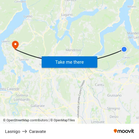 Lasnigo to Caravate map
