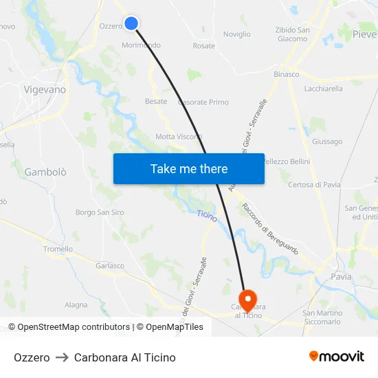Ozzero to Carbonara Al Ticino map