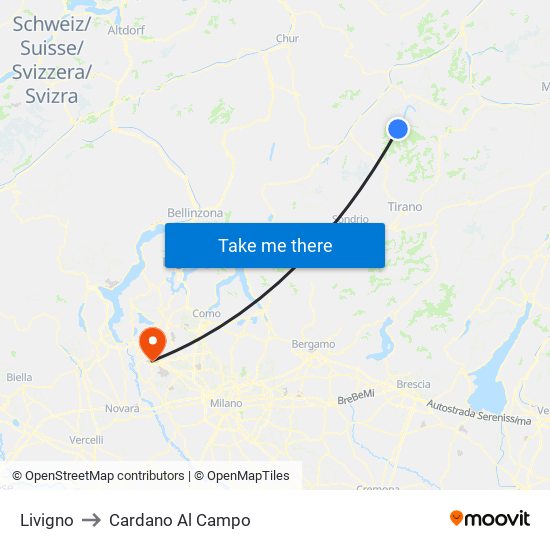 Livigno to Cardano Al Campo map