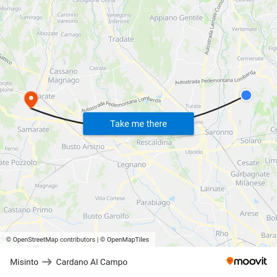 Misinto to Cardano al Campo map