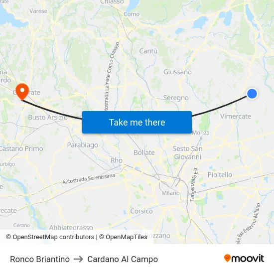 Ronco Briantino to Cardano Al Campo map