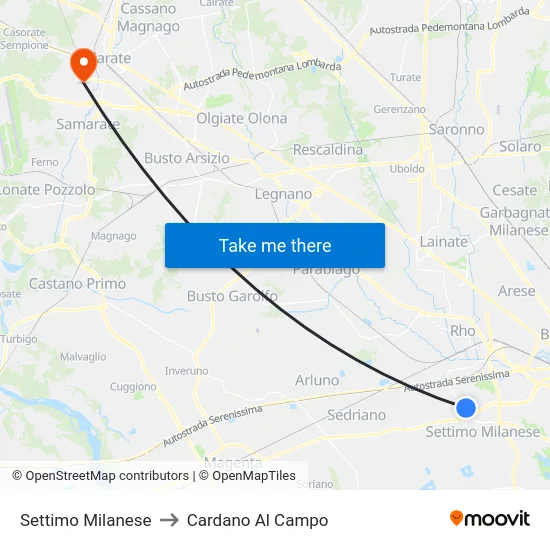 Settimo Milanese to Cardano Al Campo map