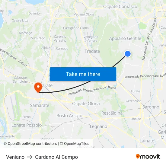 Veniano to Cardano Al Campo map