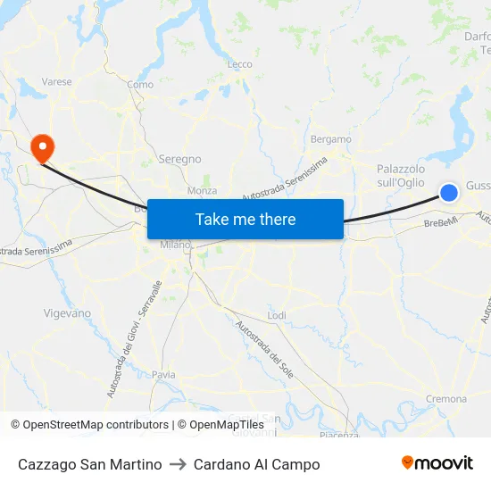 Cazzago San Martino to Cardano Al Campo map
