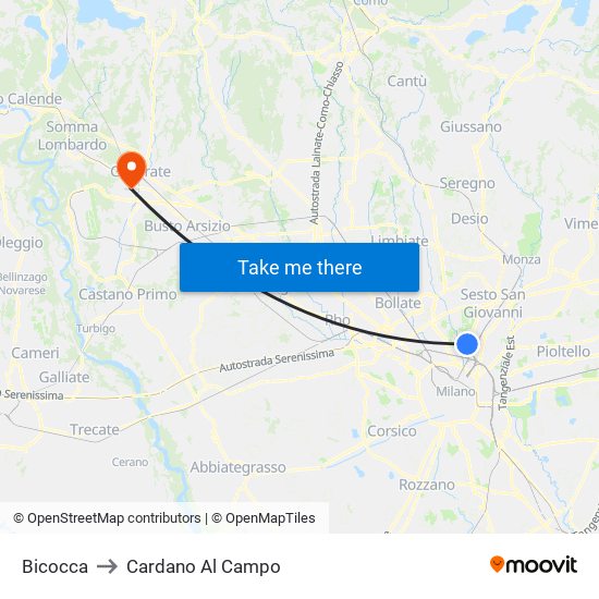 Bicocca to Cardano Al Campo map