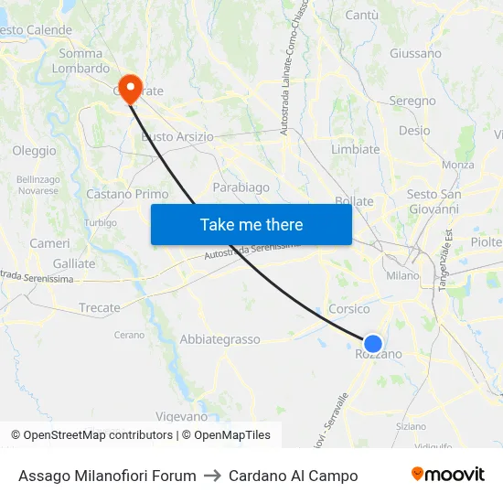Assago Milanofiori Forum to Cardano Al Campo map