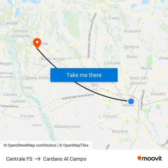 Centrale FS to Cardano Al Campo map