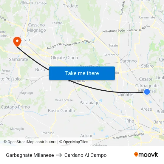 Garbagnate Milanese to Cardano al Campo map