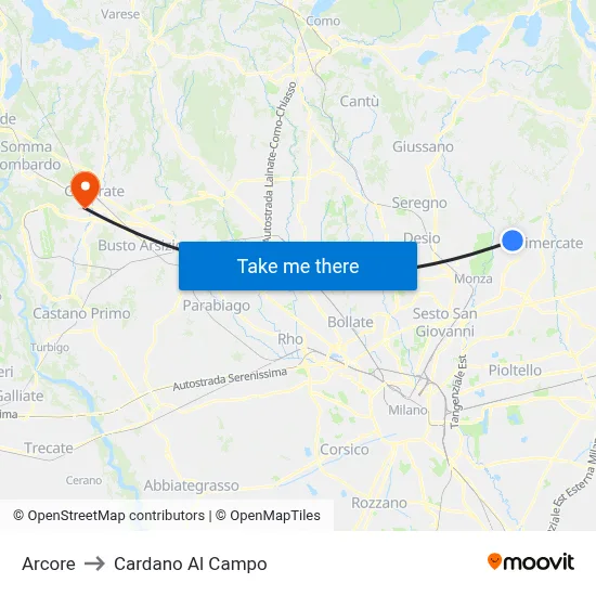 Arcore to Cardano al Campo map