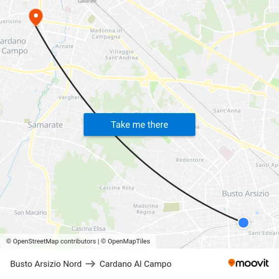 Busto Arsizio Nord to Cardano Al Campo map