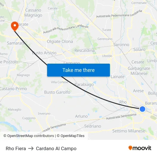 Rho Fiera to Cardano Al Campo map