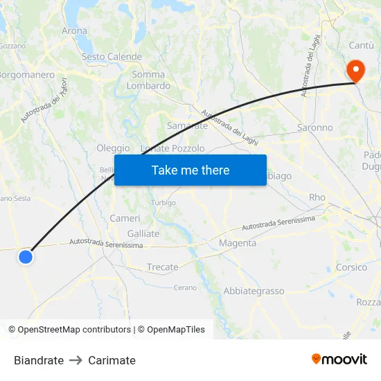Biandrate to Carimate map
