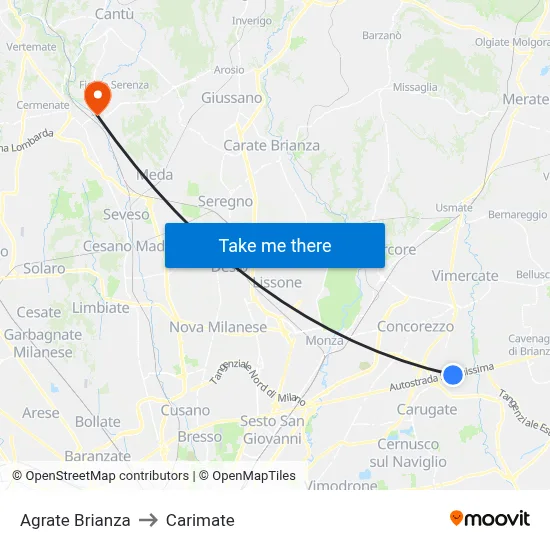 Agrate Brianza to Carimate map