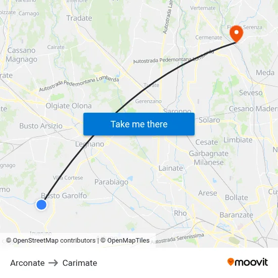 Arconate to Carimate map