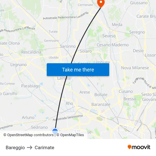 Bareggio to Carimate map