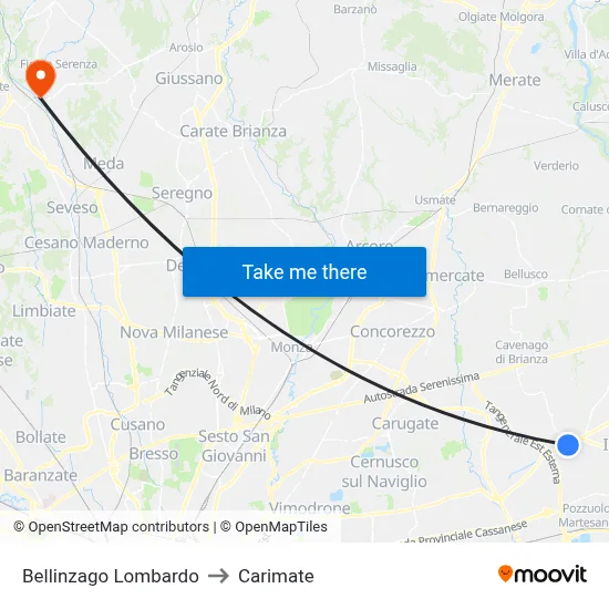 Bellinzago Lombardo to Carimate map