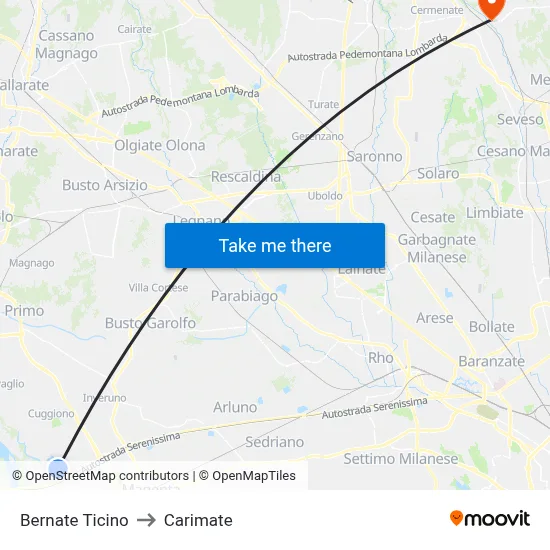 Bernate Ticino to Carimate map