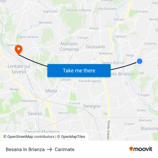 Besana in Brianza to Carimate map