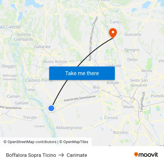 Boffalora Sopra Ticino to Carimate map