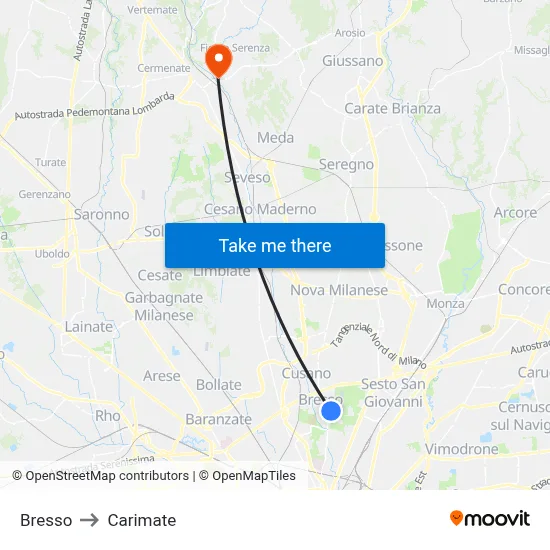 Bresso to Carimate map