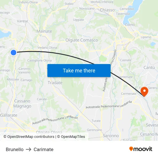 Brunello to Carimate map