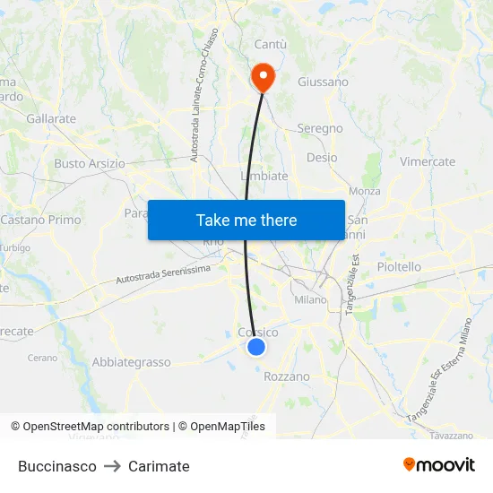 Buccinasco to Carimate map