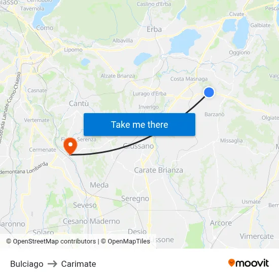 Bulciago to Carimate map