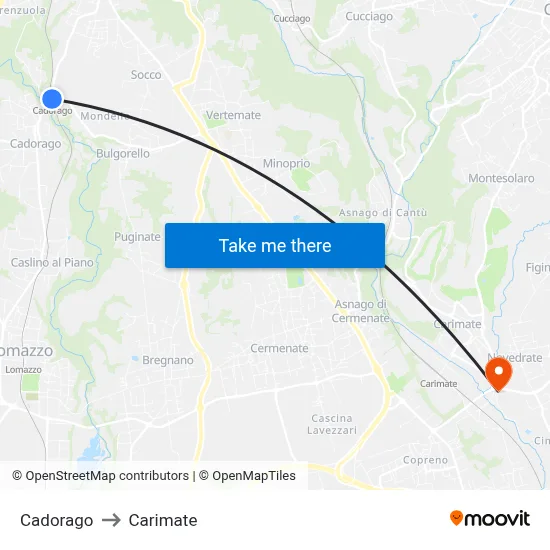 Cadorago to Carimate map