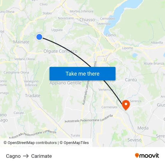 Cagno to Carimate map