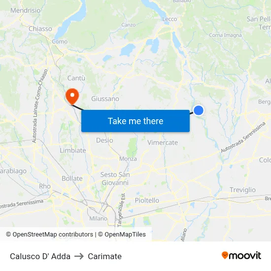 Calusco d'Adda to Carimate map