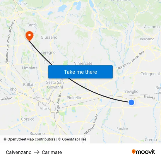 Calvenzano to Carimate map