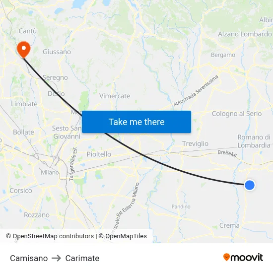 Camisano to Carimate map