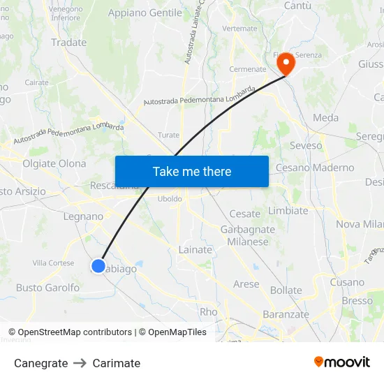 Canegrate to Carimate map