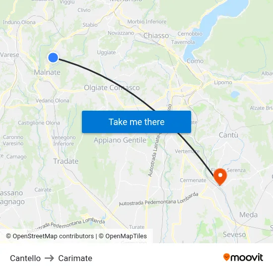 Cantello to Carimate map