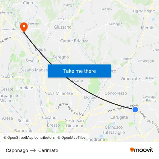 Caponago to Carimate map