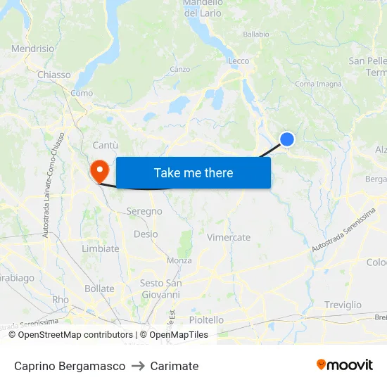 Caprino Bergamasco to Carimate map