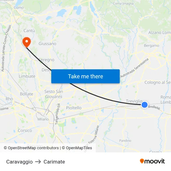 Caravaggio to Carimate map
