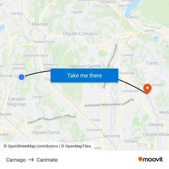 Carnago to Carimate map