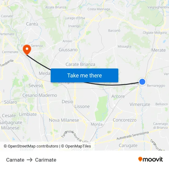 Carnate to Carimate map