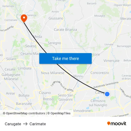 Carugate to Carimate map