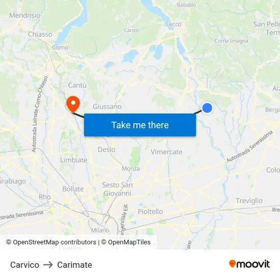 Carvico to Carimate map