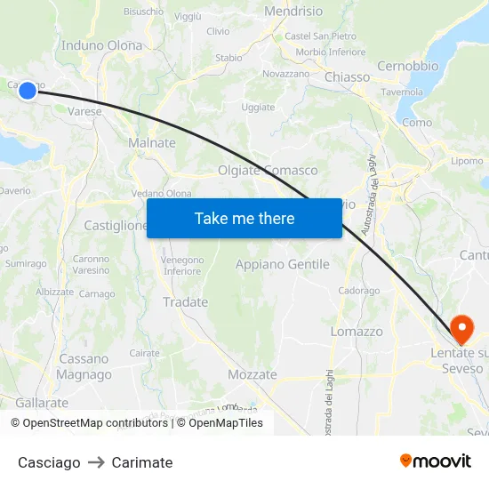Casciago to Carimate map